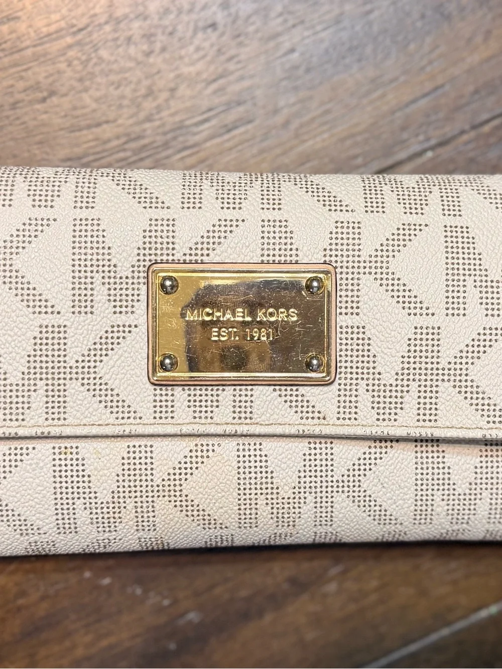 Michael Kors Beige Logo Tote with Blush Leather Straps and matching Wallet